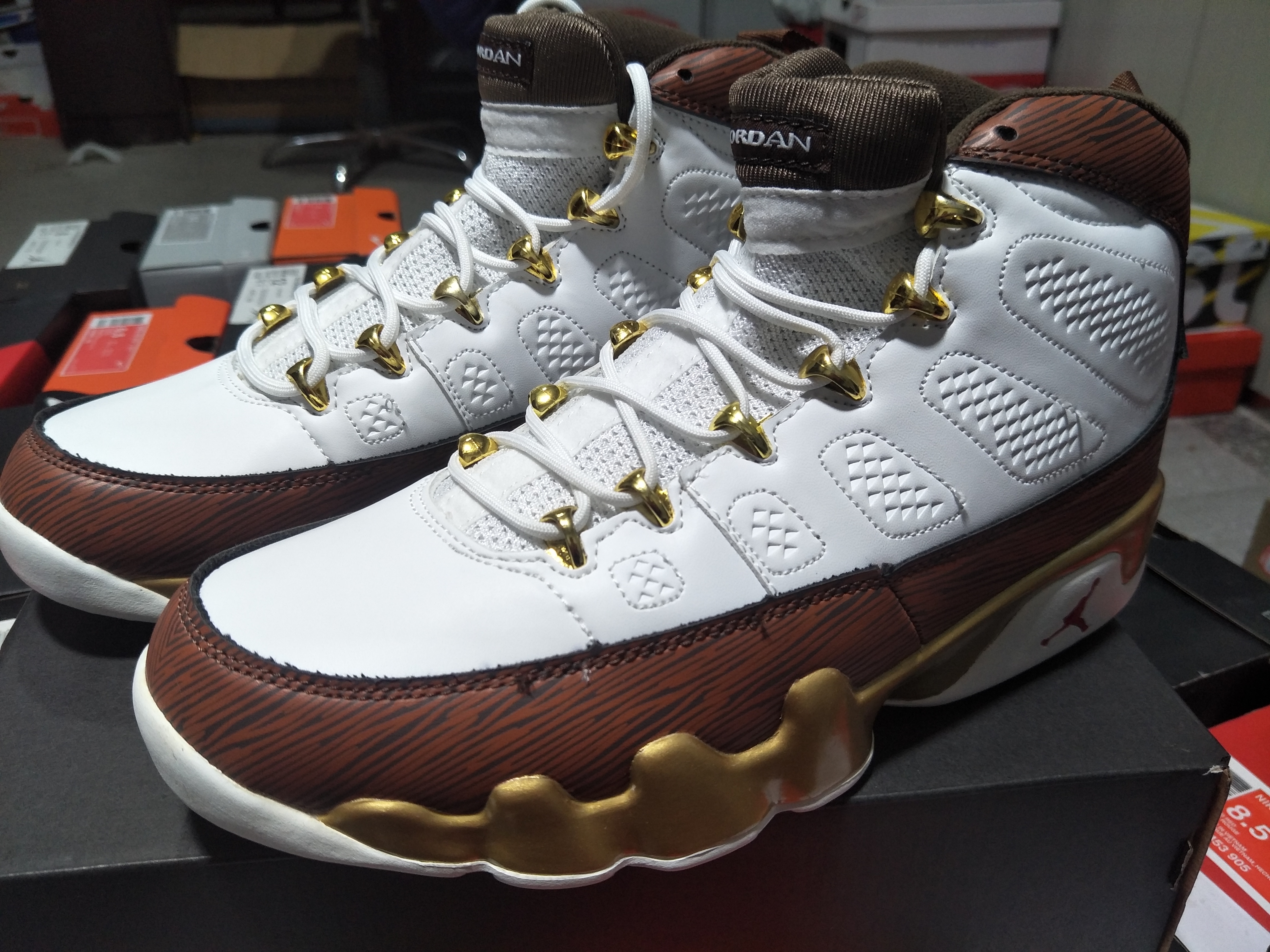 New Air Jordan 9 Retro White Brown Gold Shoes - Click Image to Close